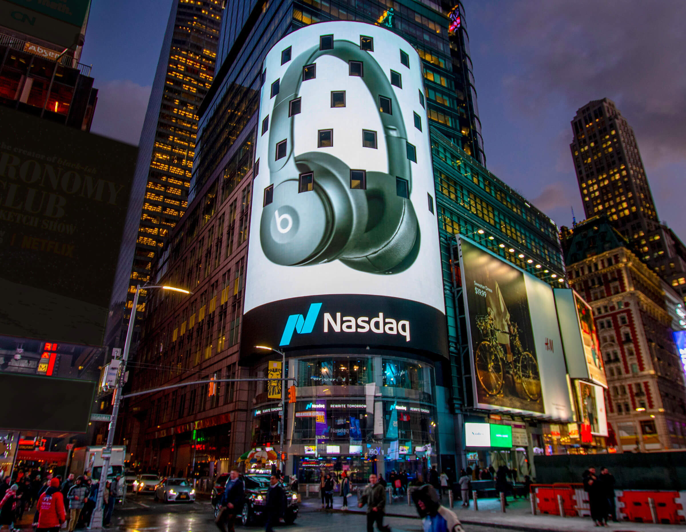 The Nasdaq screen at night